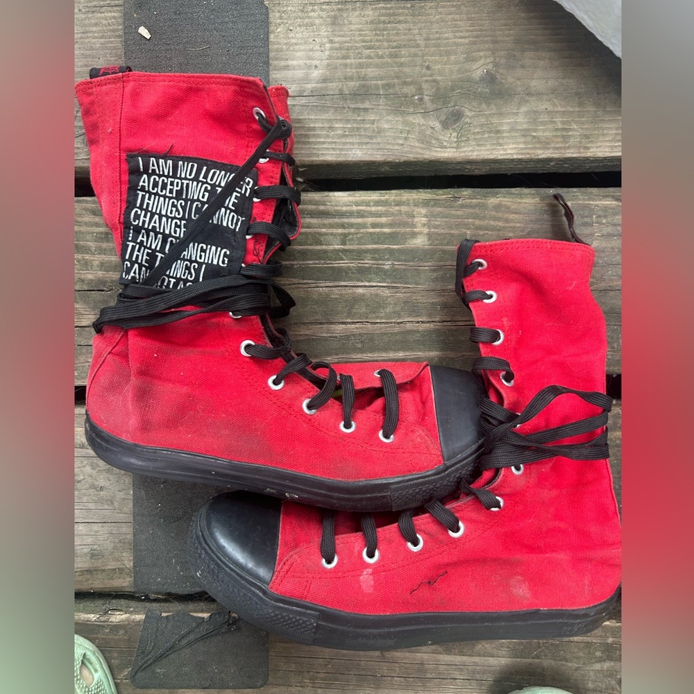 Demonia red black canvas rubber jungle punk boots PRELOVED vegan combat unisex